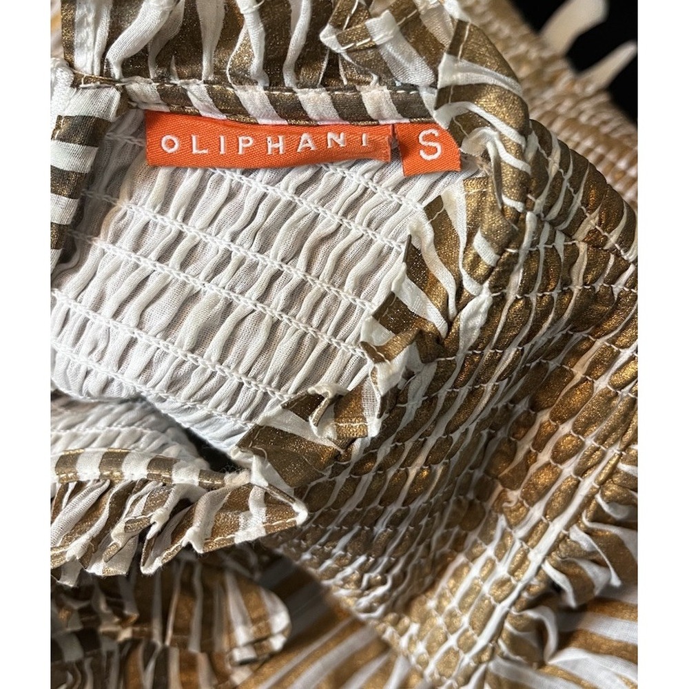 OLIPHANT Dress S Smocked High Neck Mini Gold Striped Block Print Balloon Sleeve - Picture 7 of 8